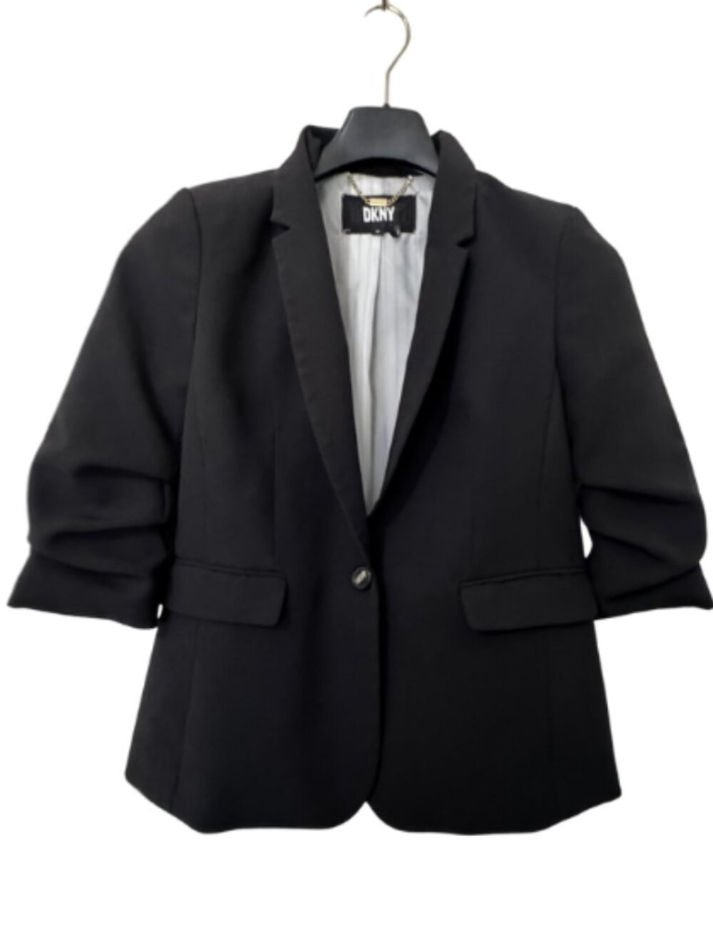 DKNY Black Ruched Sleeve Blazer Women’s 8P Petite One Button Career Jacket